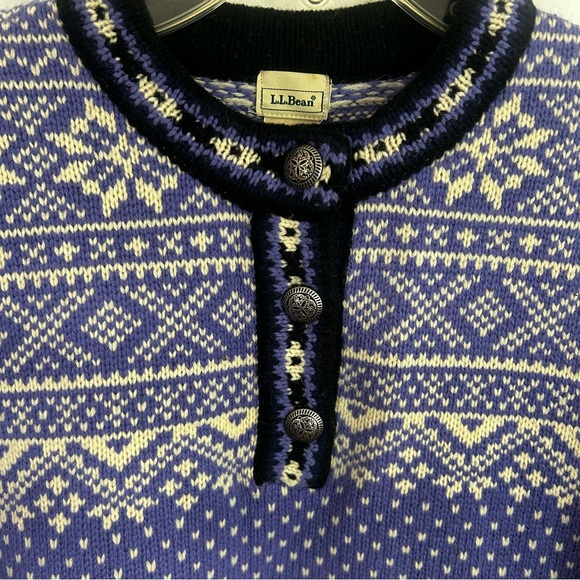 LL BEAN M Vintage Merino Wool Purple SWEATER Button Nordic Snowflake Fair Isle - Picture 8 of 13